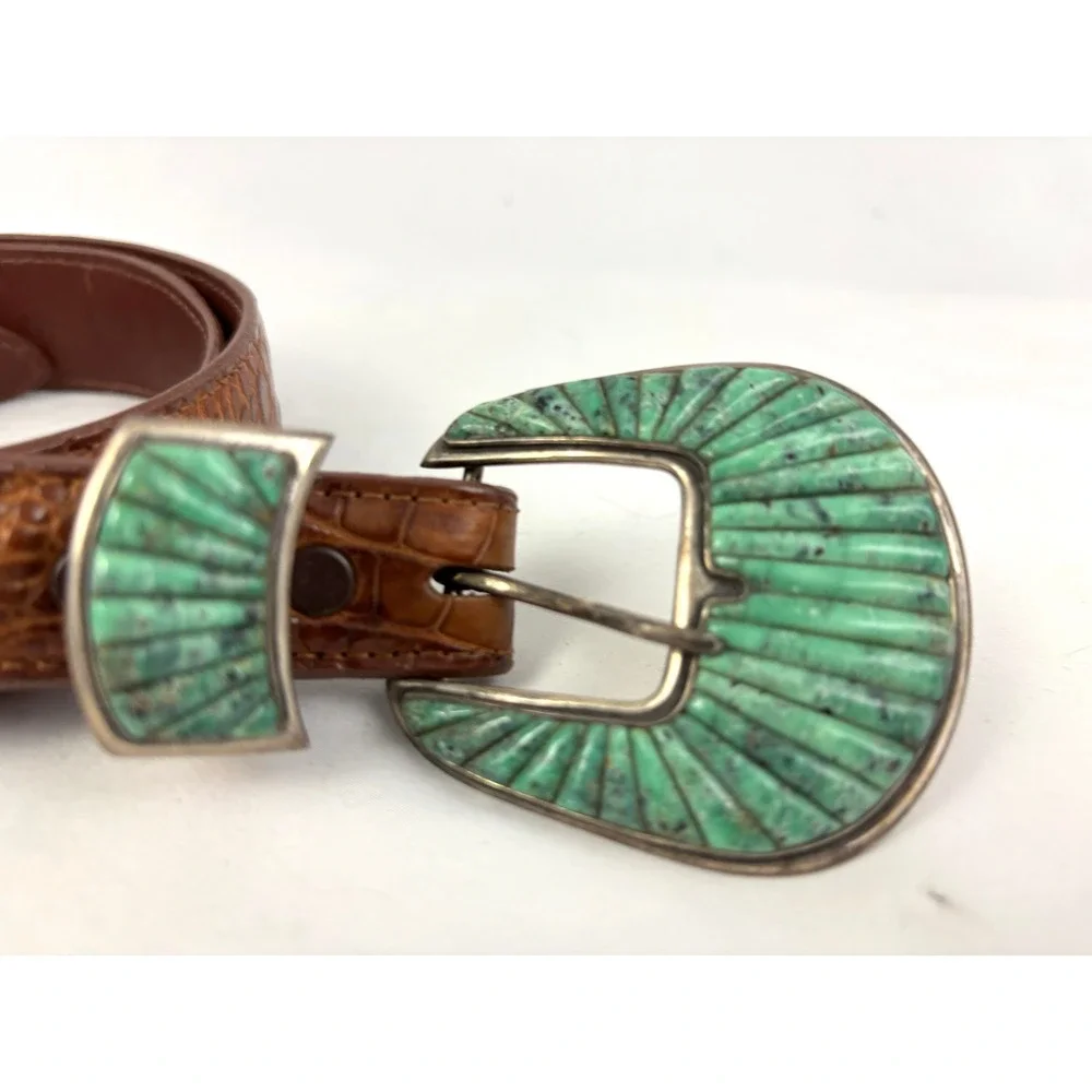 Vintage Alligator Belt Sterling Turquoise Inlay‎ Signed Buckle Set 28 Rare